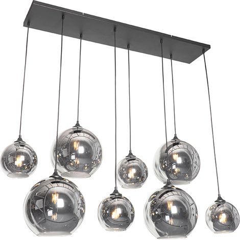 Qazqa – Suspension Art déco noire 8 lumières – Verre fumé – Longueur 140 cm – Largeur 40 cm – Hauteur réglable 60-150 cm – Culot E27 (1/5)