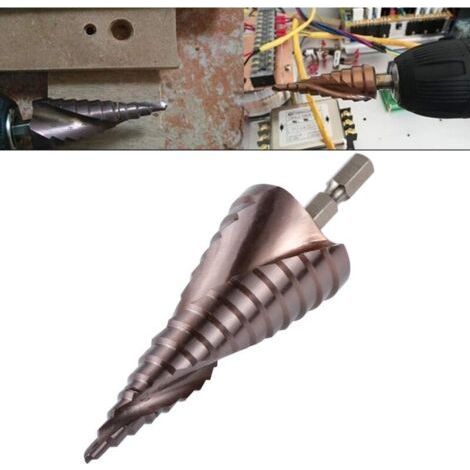 Broca escalonada de cobalto con ranuras en espiral M35 - Vástago hexagonal de 1/4" - 15 tamaños - Broca escalonada de 432 mm - Acero de alta velocidad súper duro - Metal cónico - Multiusos - Acero ino (1/5)