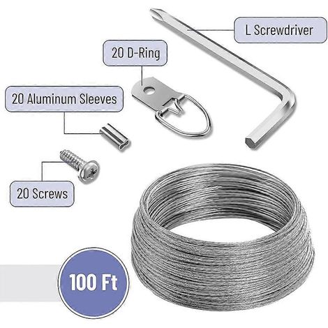 Kit de suspension pour tableaux, 30 mètres de corde tressée, 20 crochets en D et 20 manchons à sertir. (1/4)