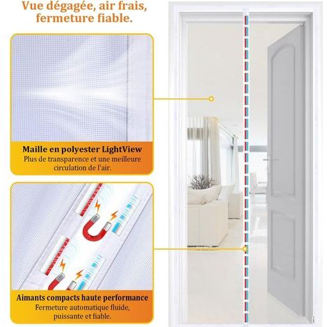 Moustiquaire Magnétique Pour Portes de Balcon et Fenêtres - Rideau Avec Aimants Puissants Pour Fermeture Parfaite - Installation Facile Sans Perçage (90x200CM, Blanc) (1/4)