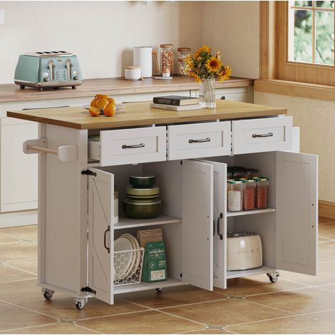 Isla de cocina 140x43(70)x90,5 cm en blanco/natural con encimera abatible, 4 puertas y 3 cajones (1/5)