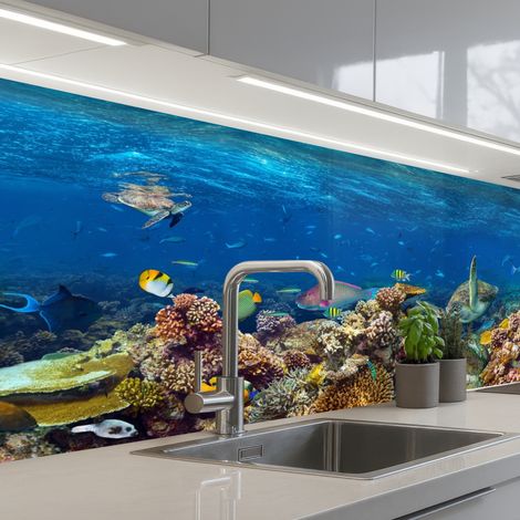 Kitchen Splashback Underwater landscape - Fish - Turtle - Blue 200x80 cm
