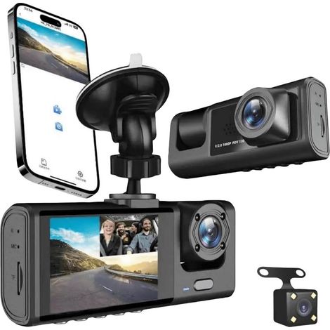 Caméra embarquée 1080p haute définition, enregistreur de conduite à 3 objectifs, contrôle par application Wi-Fi, prise de vue grand angle devant, derrière et à l'intérieur du véhicule. (1/4)