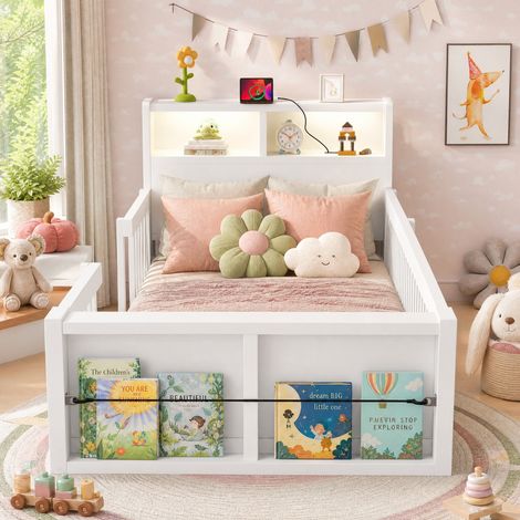 Lit enfant 90 x 190 cm avec barrière haute, USB et veilleuse, blanc HAVRYA