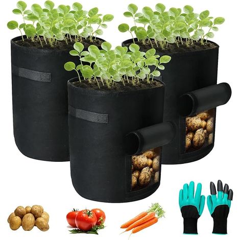 3 Pièces Sac de Culture pour Pommes de Terre Respirant Réutilisable avec Fenêtre et Poignée, Sac de Plantation Lavable et Pliable pour Légumes, Fleurs, avec Gants de Jardinage (7 Gallons) (1/5)
