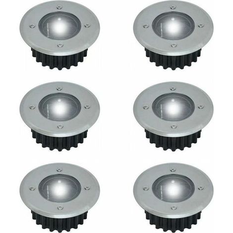 Set mit 6 eingelassenen LED-Solar-Bodeneinbaustrahlern – Rund – Durchmesser: 85 mm – Trittfestes Gehäuse – Edelstahlfront – 6 Solarlampen – Schutzart IP44 (1/5)