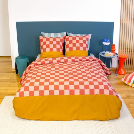 Juego de cama de algodón con estampado de damero, 2 plazas rojo y naranja