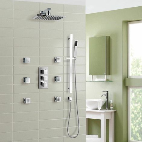 Olive Square 3 Way Concealed Thermostatic Shower Mixer Set - Shower Head, Handset & Body Jets (1/5)
