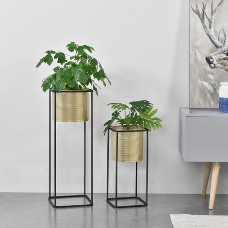 Set di 2 Portavasi in Metallo Supporto per Piante in 2 Misure Diverse con Coprivaso Rotondo in Color Oro e Base di Forma Rettangolare in Nero (1/7)