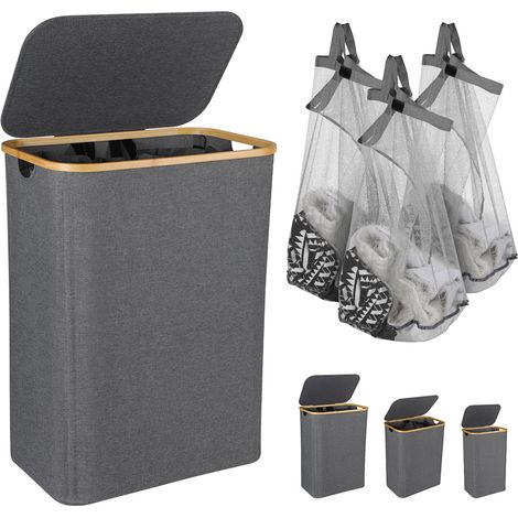 Jiubiaz Cesto para ropa sucia con tapa, 160L, ahorro de espacio, forro de malla extraíble, tejido Oxford, asas de bambú, plegable, gris