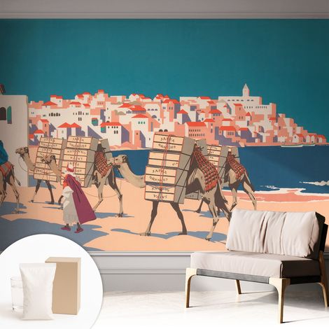 Papier peint intissé décoratif avec motifs pour salon et chambre a motif - Colle incluse gratuite Caravane de chameaux 312x219 cm (1/5)