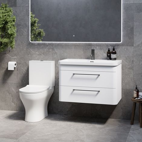 Oslo Gloss White 1350mm Wall Mounted Vanity and Jubilee Toilet Suite with Fina Basin - 1350mm - Gunmetal Grey 320mm Handle