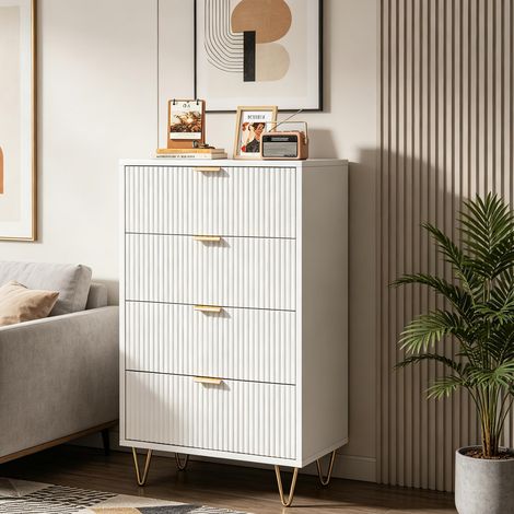 Commode cinq tiroirs de style nordique – laque blanche – rayures verticales – pieds dorés – très grand espace de rangement – style moderne (1/4)