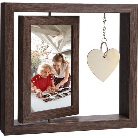 Cadre photo rotatif double face créatif, support suspendu en acier inoxydable, couleur noyer, 6 pouces, 23X21X4cm (1/3)