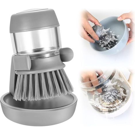 Cepillo para platos con dispensador y soporte para jabón, dispensador de jabón recargable, cepillo de limpieza para ollas y sartenes, cepillo de cocina para platos con soporte - Crezuo