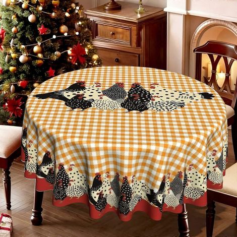 Nappe ronde à carreaux avec coq de ferme, nappe décorative pour la fête des récoltes et le style champêtre, nappe résistante et infroissable pour la cuisine (1/4)