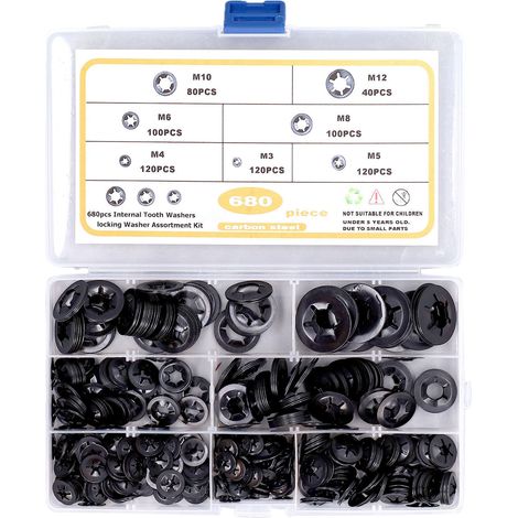 Kit 680 rondelles frein à dents internes plate bloquante acier carbone M3-M12 M3x9 M4x12 M5x12 M6x14 M8x18 M10x20 M12x25 (1/5)