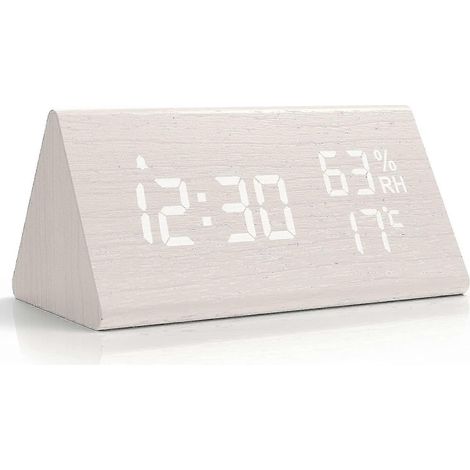 Réveil numérique en bois, avec fonction snooze, date, température et humidité - Blanc PXCL (1/4)