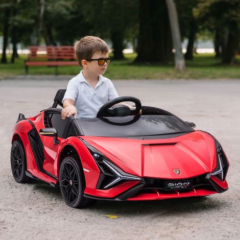 Voiture Électrique Enfant 3-5 Ans 12V Lamborghini SIAN, 3-5km/h Auto Électrique pour Enfants avec 2 Moteurs, Phares et Musique, Télécommande, Ceinture et Klaxon, Rouge (1/5)