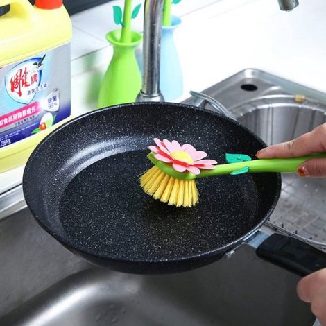 Brosse de cuisine avec manche et support – pour casseroles, poêles, évier, verres, bouteilles (Bleu) (1/4)