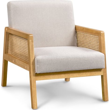 Yaheetech – Fauteuil relax en rotin tressé – Accoudoirs cannage – Assise large rembourrée – Pour salon, chambre, véranda – Beige