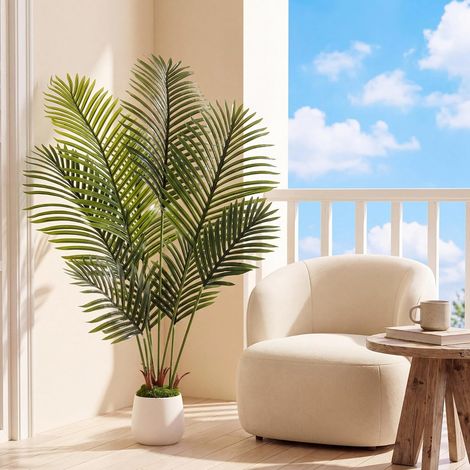120cm Palmier Artificiel, 9 Feuilles, Plantes Artificielles Intérieur, Pot Blanc+Gaine de Feuille Artificielle, Vert Intense et Réaliste,Déco Intérieure,et Mousse Artificielle, 2PCS Moduls (1/5)