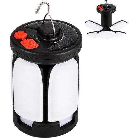 Wiederaufladbare Faltzeltlampe mit USB- und Solaranschluss und 6 Beleuchtungsmodi für Camping, Angeln, Wandern und Notfälle. (1/4)