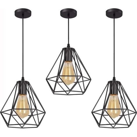 U-Do 3Pcs Lustre Suspension illuminé design Vintage Lampe Cage forme Diamant en Métal Noir E27 20CM décoration Chambre Salon (1/4)