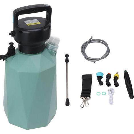 Pulverizador eléctrico con 3 boquillas, 2400 mAh, 3,7 V, 5 L, alimentado por batería, para jardín, fertilización de plantas, diamante verde (1/5)