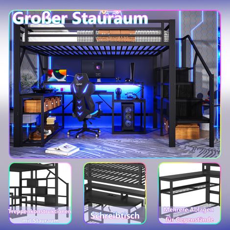 Lit surélevé 140x200, cadre en acier, rangements intégrés, échelle avec tiroirs, garde-corps sécurisé, éclairage LED, bureau avec prise USB, sommier non fourni, noir (1/5)
