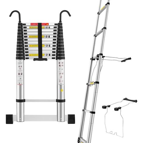 Stanew – Échelle télescopique pliante 5M en aluminium – Stabilisateur et crochets amovibles – Marches antidérapantes de 40cm – Charge maximale élevée