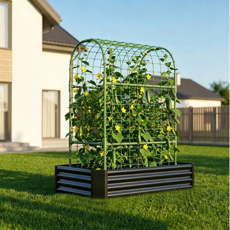 Jardinière surélevée avec treillis 120x60x150 cm en métal noir, gain de place pour balcon FloraGrace (1/5)
