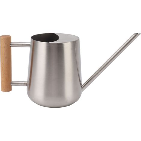 Arrosoir en acier inoxydable de 900 ml avec long bec, poignée en bois, élégant pot de fleurs pour jardin familial extérieur, couleur argentée. (1/5)