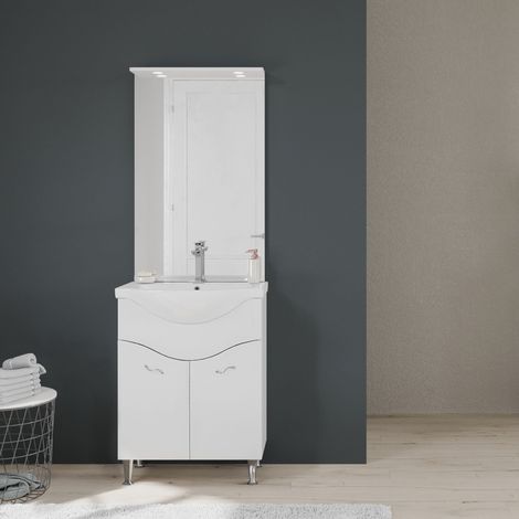 Kiamami Valentina – Meuble de salle de bain sur pieds 65 cm – 2 portes – Lavabo en céramique – Miroir avec spots LED – Finition blanc brillant — vue 2
