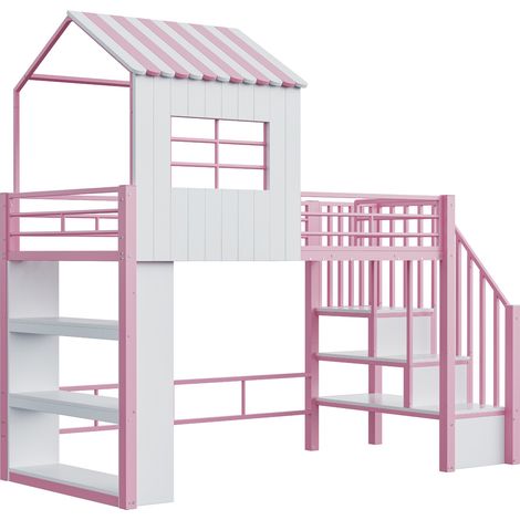 Cama alta con forma de casa 90x200 cm, con escalera de almacenamiento, estante y barrera alta, rosa (1/5)