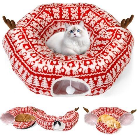 Tunnel pour chat - Pliable - Avec balle de jeu - Lit de jeu - Tunnel bruissant multifonction - Jouet interactif pour chaton d'intérieur - Motif Noël-Karteo (1/5)