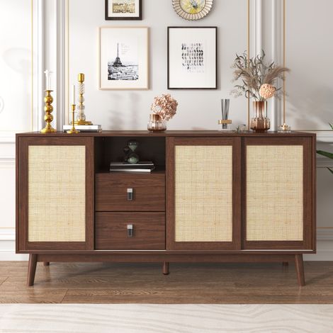 Buffet 155x38x80 cm bois foncé en MDF et panneaux de particules avec 3 portes coulissantes en rotin et 2 tiroirs (1/5)