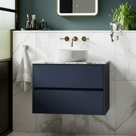 Havana Wall Hung 2-Drawer Vanity Unit with Carrera Marble Worktop 800mm Wide - Midnight Blue (1/5)