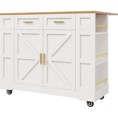 Îlot de cuisine moderne, meuble de cuisine, buffet, chariot de service à effet grain de bois, table à manger multifonction avec espace de rangement, chariot de service avec armoires extensibles, blanc (1/5)