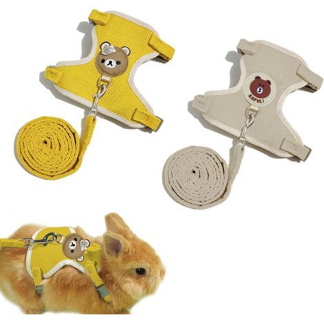 Set of 2 Rabbit Harnesses, Adjustable and Soft, Anti-Escape Leash, For Small Animals, Yellow and Beige (1/5)