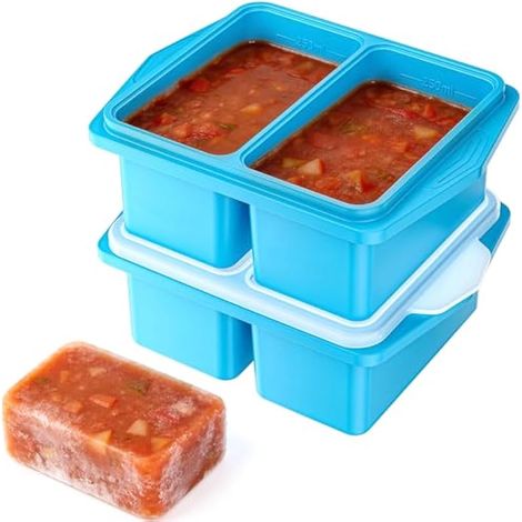 Lot de 2 Plateau de Congélation avec Couvercle Silicone Alimentaire, Récipients de Congélation pour Soupes, Bac a Glacon, Récipient de Stockage pour Sauces, Glace, Meal Prep, 250mL/500mL, Bleu