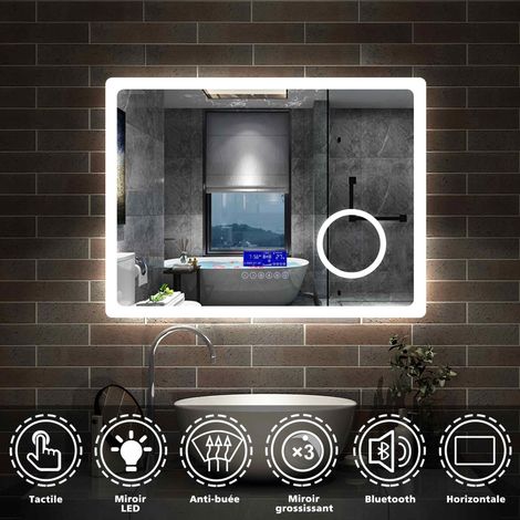 Aica Sanitaire – Miroir lumineux de salle de bain 80cm x 60cm – Bluetooth, horloge, LED réglables, miroir grossissant x3, anti-buée – Verre 5mm, cadre aluminium - 80cmx60cm