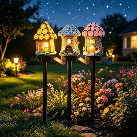 Beyamis Lot de 3 lampes solaires en résine pour Noël et Halloween, à brancher sur pied, étanches, pour la décoration de jardin et d'aménagement paysager. (1/5)