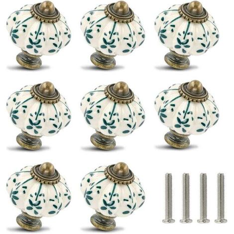 Lot de 12 boutons en céramique ivoire et verte - boutons d'armoire citrouille boutons de commode rétro - tirettes de tiroir vintage avec vis pour tiroir de placard armoire et projet de