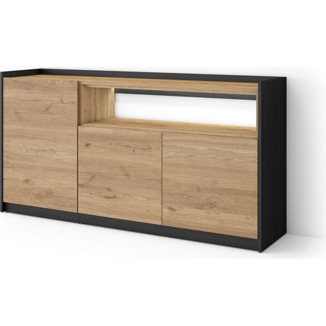 Skraut Home - Credenza, Mobile, Cucina, Madia, mobile ingresso, 156x37x80cm, 3 Porte, LED, Stile moderno, Rovere e nero (1/5)