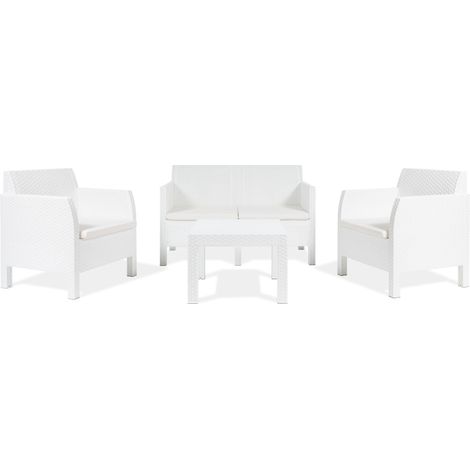 Toomax Set Salotto da giardino Matilde 4 posti bianco, in plastica resistente effetto rattan, 2 poltrone con schienale ergonomico, divanetto da 2 posti e tavolo, ideale per spazi esterni