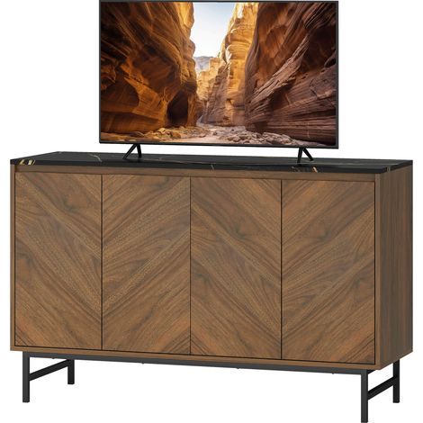 Meuble TV, meuble télé avec 4 portes, plateau effet marbre, étagères réglables, 120x39x76cm, noyer (1/5)