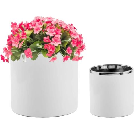 Contenitore in ceramica, bianco e argento, glamour, 14x13 cm, cilindrico