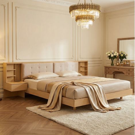 Lit flottant 180 x 200 cm marron avec tête de lit rangement et USB, style bois naturel et tissu beige (1/5)