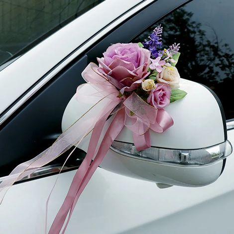 Nœud fleur rétro simulation lavande décoration mariage voiture ornement rétroviseur poignée porte accessoire auto élégant guirlande florale cérémonie nuptiale voiture décorée arrière chaise fête (1/5)